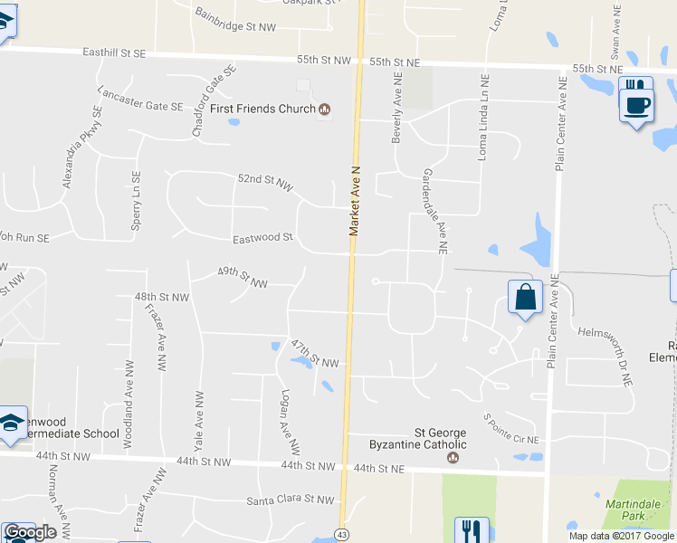 map of restaurants, bars, coffee shops, grocery stores, and more near 4927 Market Avenue North in Canton