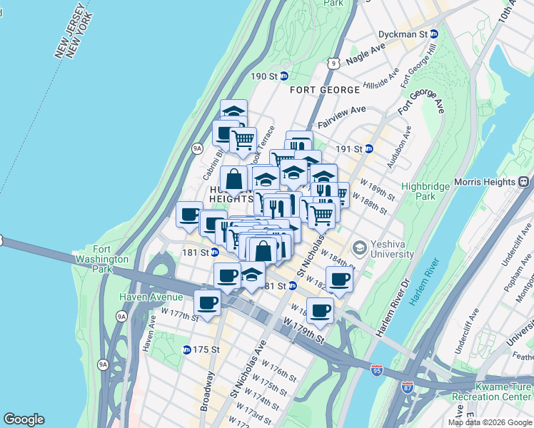 map of restaurants, bars, coffee shops, grocery stores, and more near 69 Bennett Avenue in New York