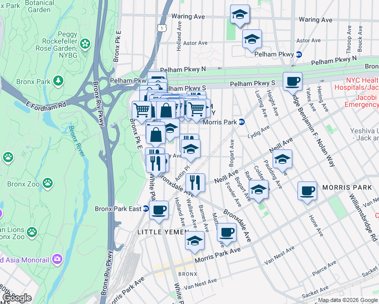 map of restaurants, bars, coffee shops, grocery stores, and more near 775 Bradey Avenue in Bronx