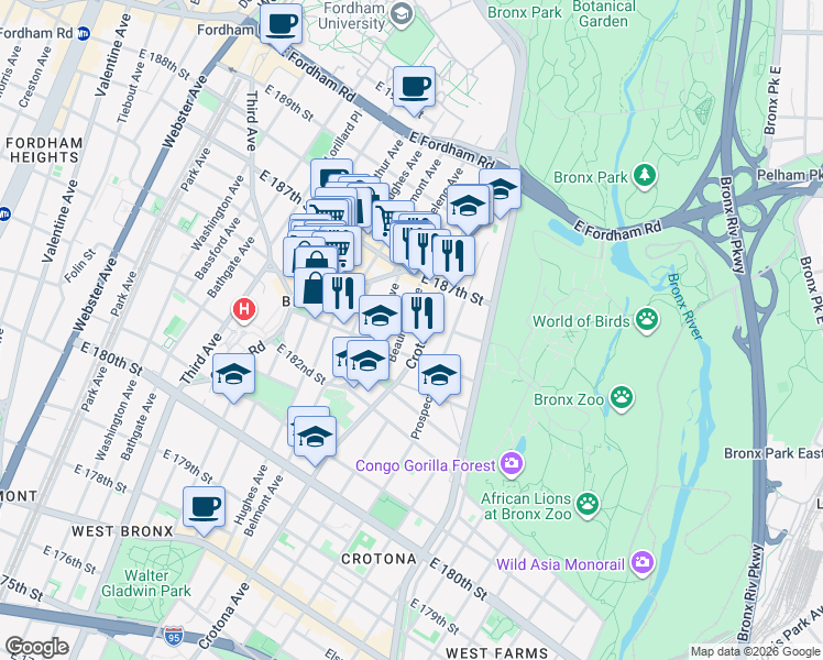 map of restaurants, bars, coffee shops, grocery stores, and more near 2307 Beaumont Avenue in The Bronx