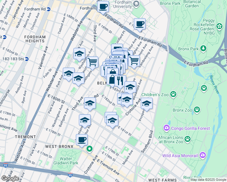 map of restaurants, bars, coffee shops, grocery stores, and more near in Bronx