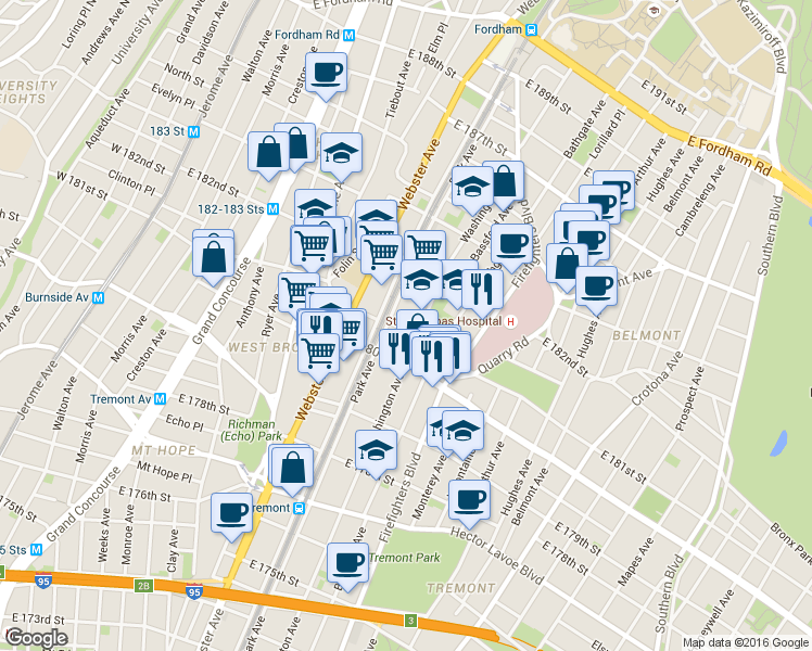 map of restaurants, bars, coffee shops, grocery stores, and more near in The Bronx