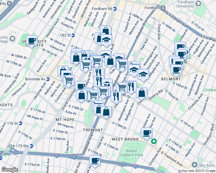 map of restaurants, bars, coffee shops, grocery stores, and more near 2087 Tiebout Avenue in Bronx