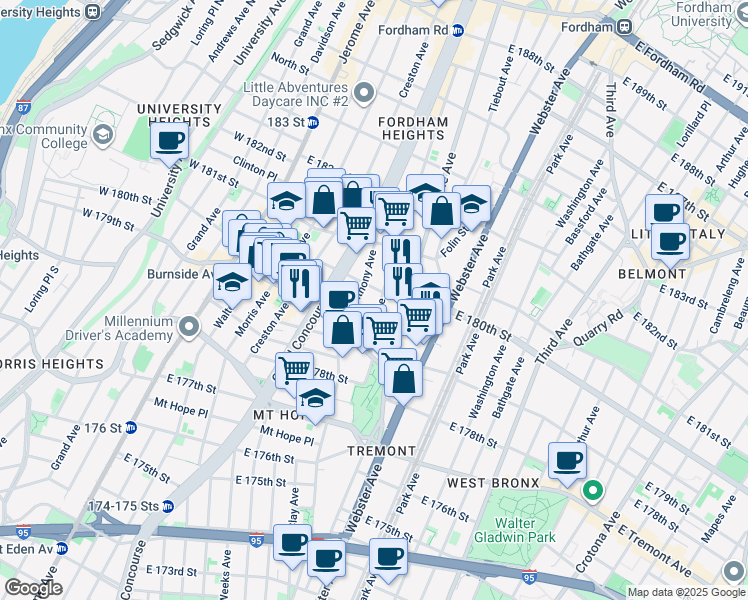 map of restaurants, bars, coffee shops, grocery stores, and more near 2060 Anthony Avenue in Bronx