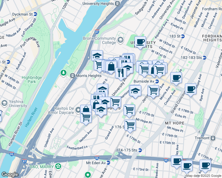 map of restaurants, bars, coffee shops, grocery stores, and more near 1852 Andrews Avenue South in Bronx