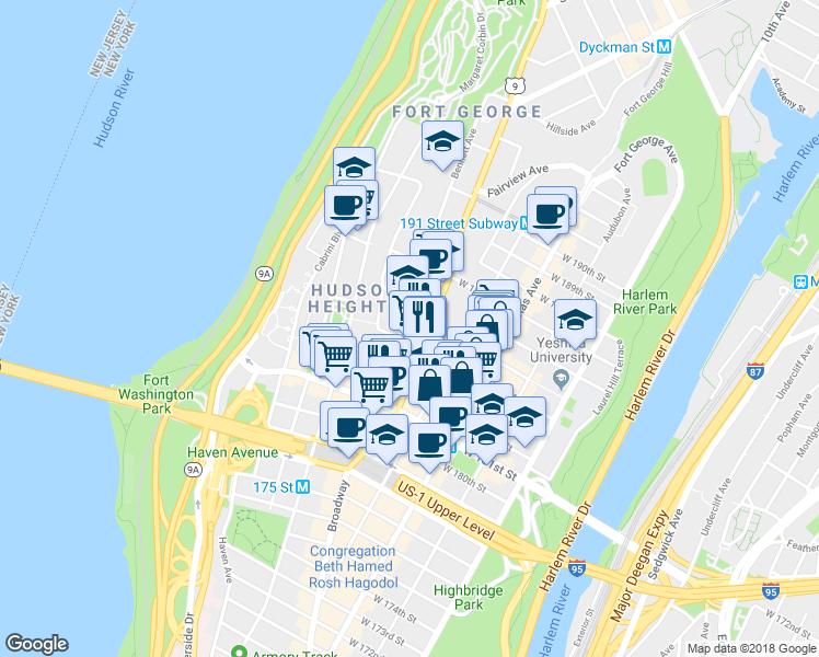 map of restaurants, bars, coffee shops, grocery stores, and more near 703 West 184th Street in New York