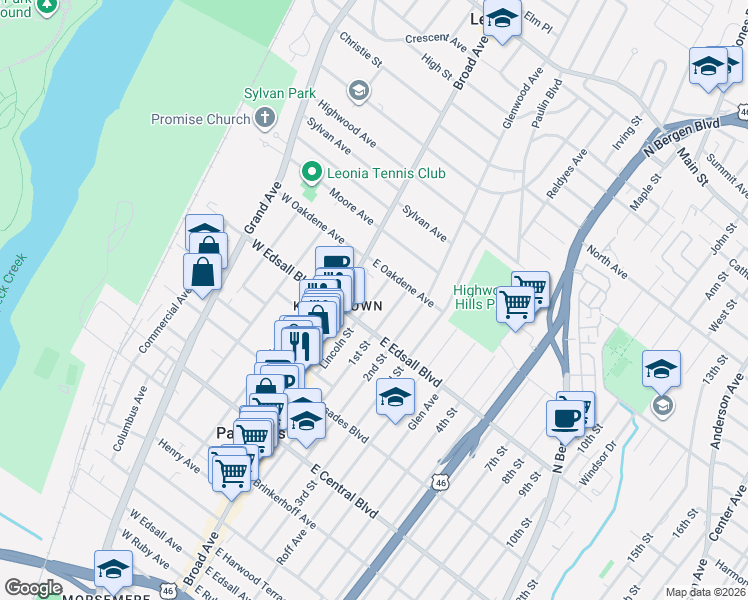 map of restaurants, bars, coffee shops, grocery stores, and more near 517 Lincoln Street in Palisades Park