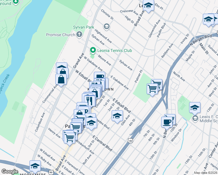map of restaurants, bars, coffee shops, grocery stores, and more near 517 Lincoln Street in Palisades Park