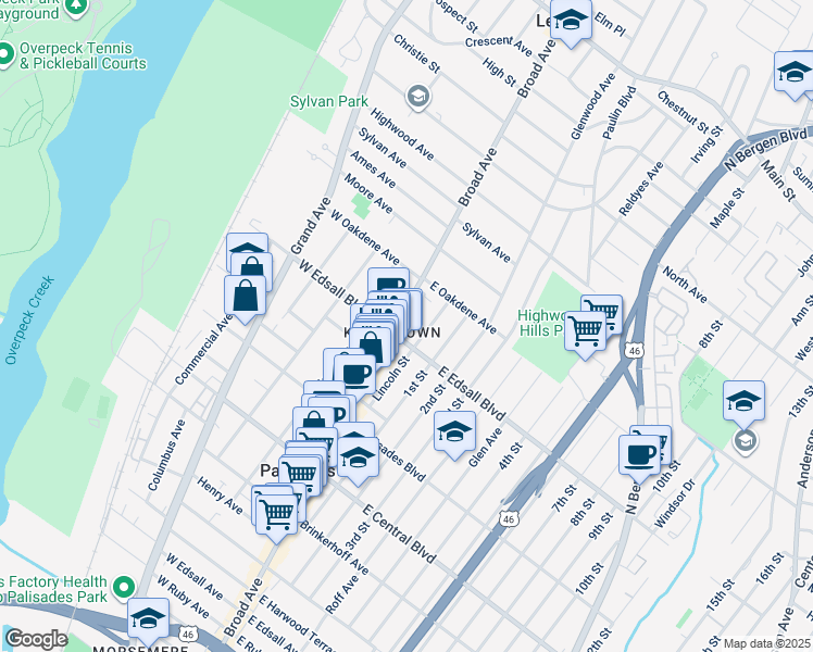 map of restaurants, bars, coffee shops, grocery stores, and more near 517 Lincoln Street in Palisades Park