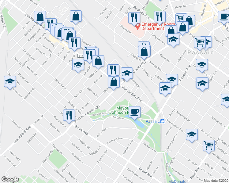 map of restaurants, bars, coffee shops, grocery stores, and more near 435 Broadway in Passaic