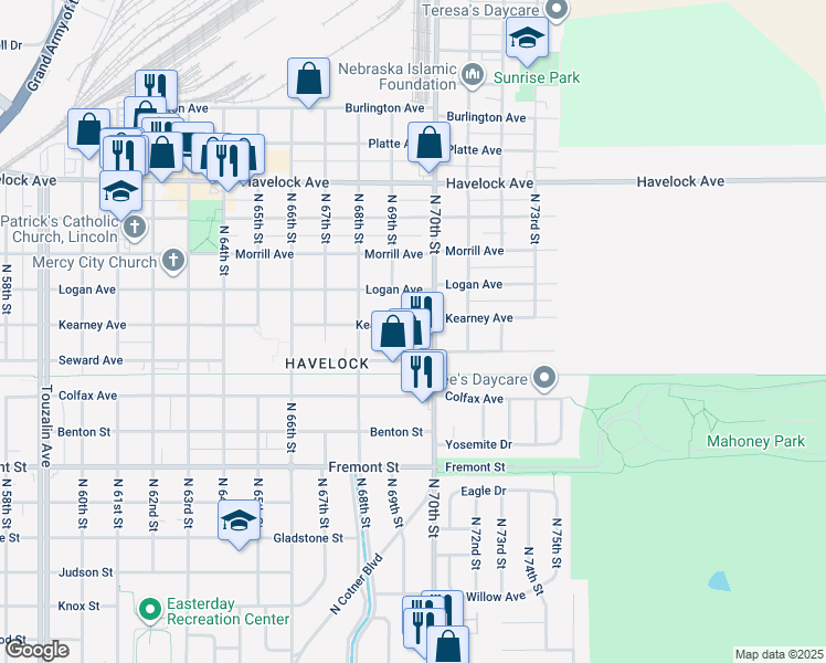 map of restaurants, bars, coffee shops, grocery stores, and more near 6925 Kearney Avenue in Lincoln