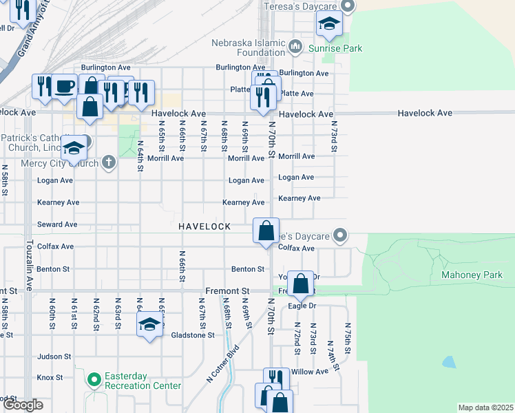 map of restaurants, bars, coffee shops, grocery stores, and more near 6925 Kearney Avenue in Lincoln