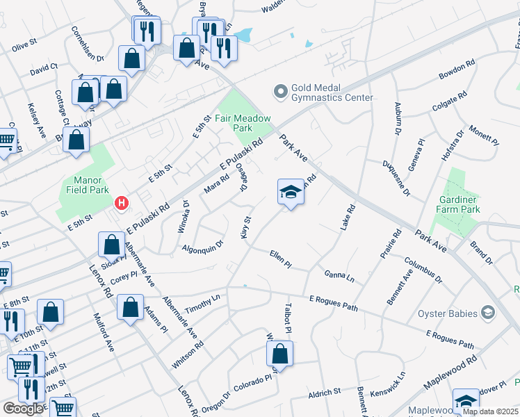 map of restaurants, bars, coffee shops, grocery stores, and more near 12 Kivy Street in Huntington Station