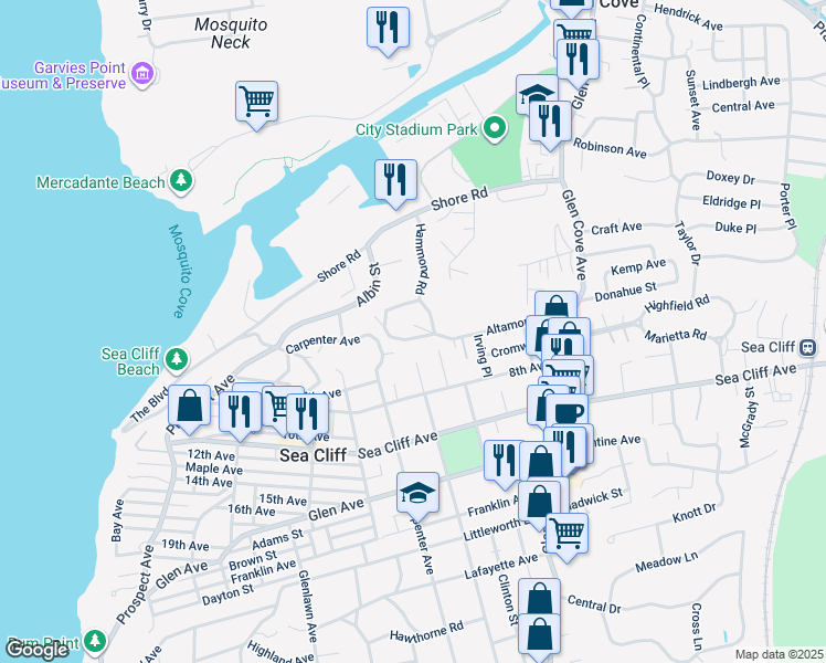 map of restaurants, bars, coffee shops, grocery stores, and more near 114 Altamont Avenue in Sea Cliff