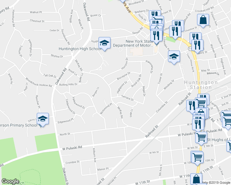 map of restaurants, bars, coffee shops, grocery stores, and more near 3 Highpoint Drive in Huntington