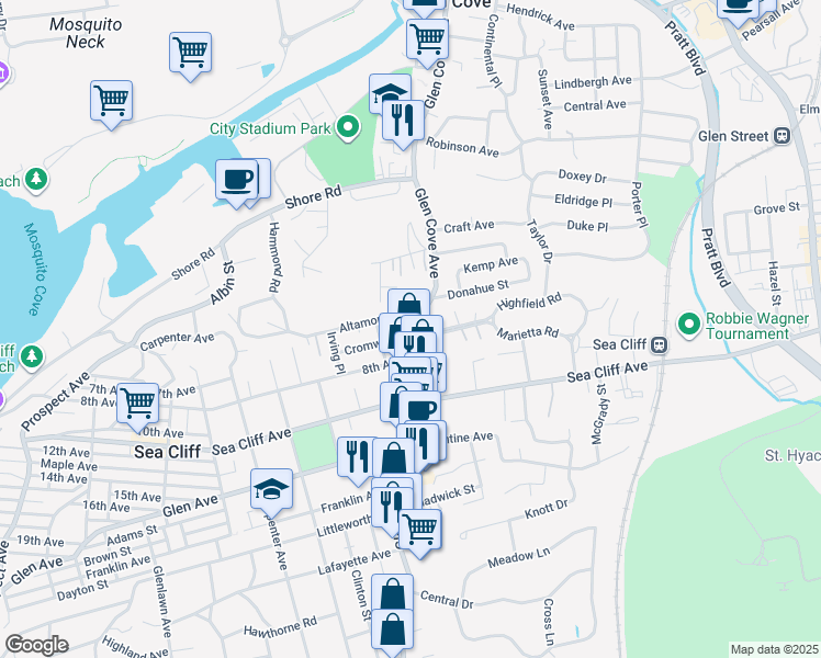 map of restaurants, bars, coffee shops, grocery stores, and more near 161 Glen Cove Avenue in Sea Cliff