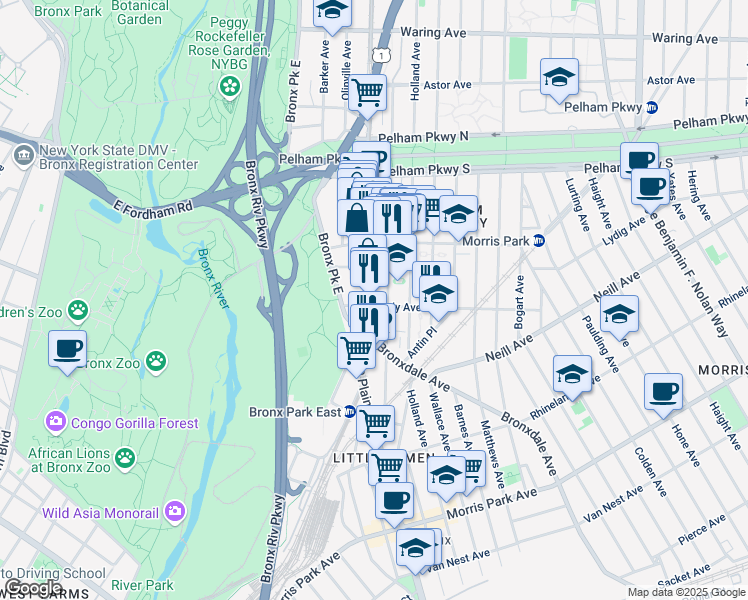 map of restaurants, bars, coffee shops, grocery stores, and more near 2072 White Plains Road in Bronx