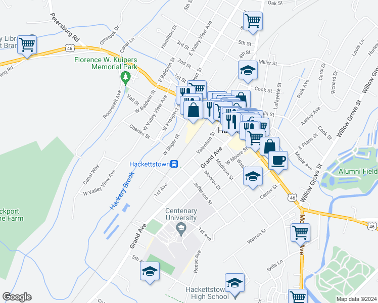 map of restaurants, bars, coffee shops, grocery stores, and more near 300 Valentine Street in Hackettstown
