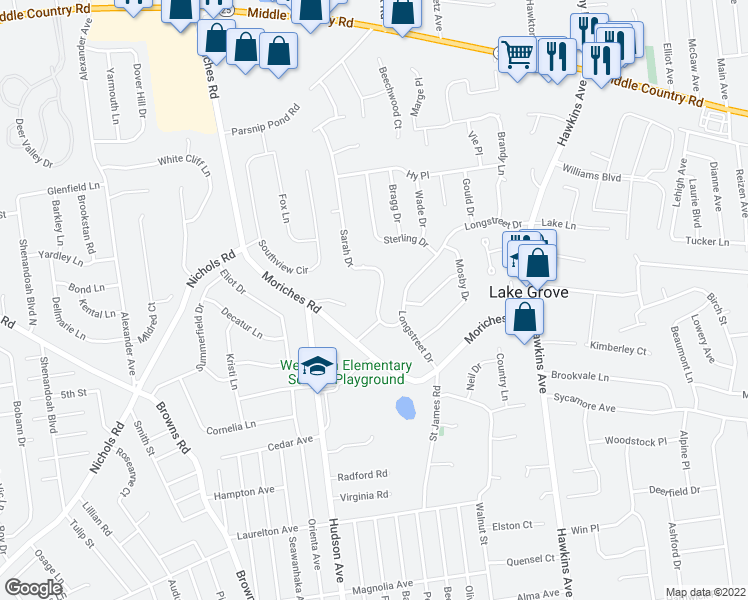 map of restaurants, bars, coffee shops, grocery stores, and more near 58 Sarah Drive in Lake Grove