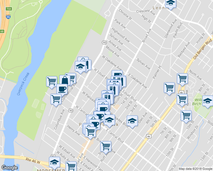 map of restaurants, bars, coffee shops, grocery stores, and more near 5 Ackerman Place in Palisades Park