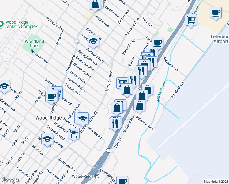 map of restaurants, bars, coffee shops, grocery stores, and more near 8 Webb Place in Hasbrouck Heights