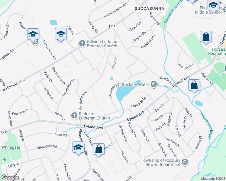 map of restaurants, bars, coffee shops, grocery stores, and more near 33 Rivendell Road in Roxbury Township
