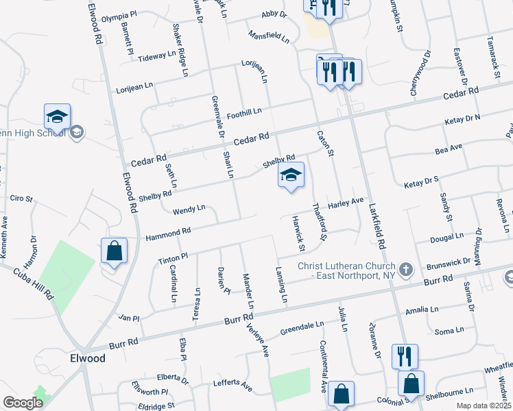 map of restaurants, bars, coffee shops, grocery stores, and more near 31 Hammond Road in East Northport