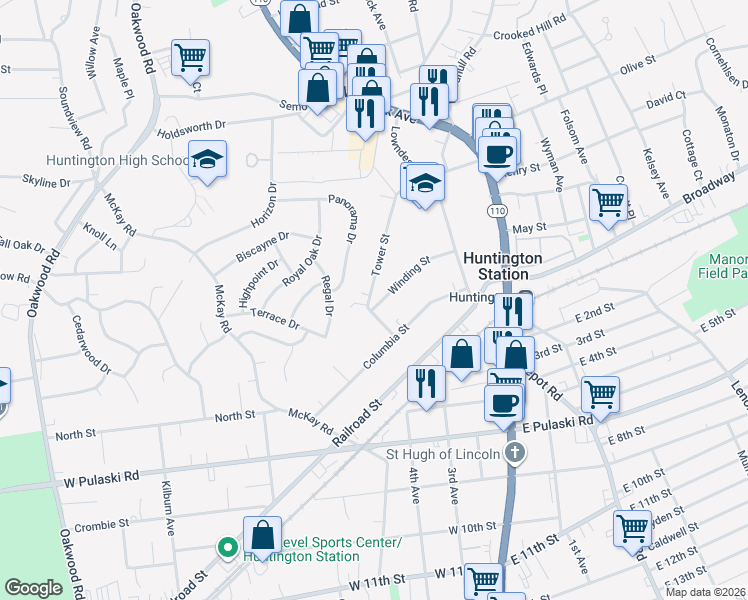 map of restaurants, bars, coffee shops, grocery stores, and more near 141 Winding Street in Huntington Station