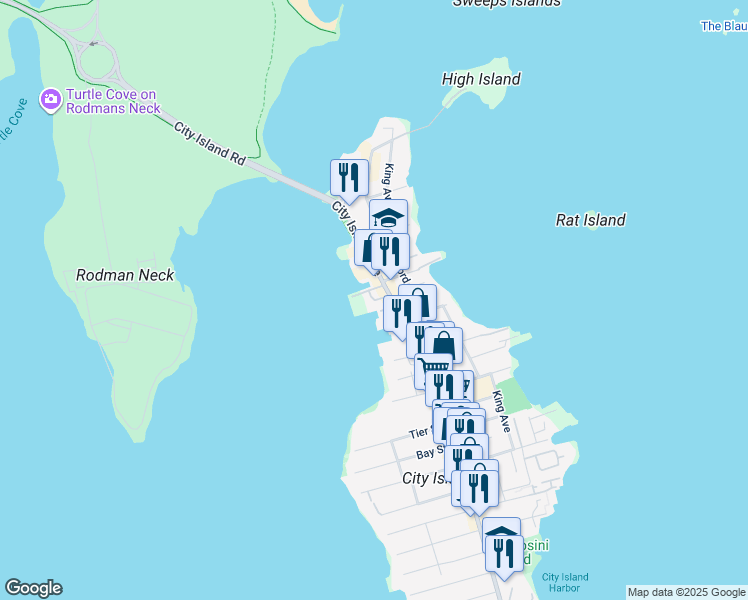 map of restaurants, bars, coffee shops, grocery stores, and more near 555 City Island Avenue in The Bronx