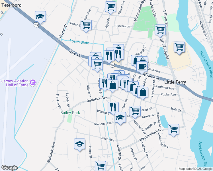 map of restaurants, bars, coffee shops, grocery stores, and more near 277 Main Street in Little Ferry