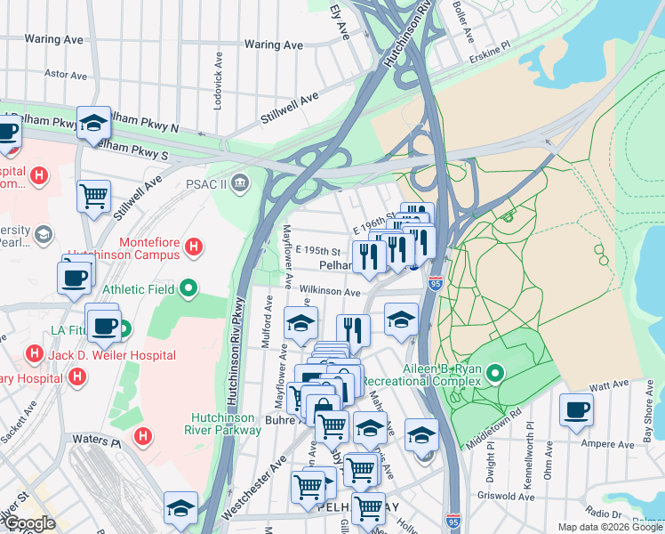 map of restaurants, bars, coffee shops, grocery stores, and more near 2887 East 194th Street in The Bronx