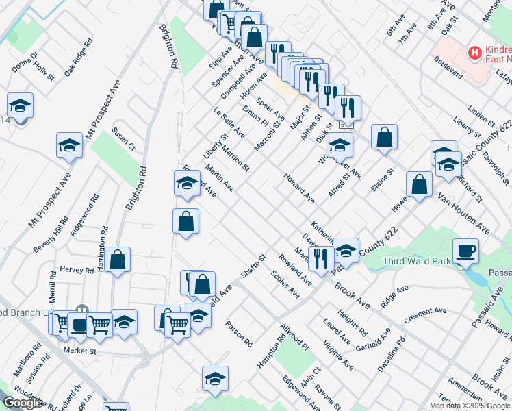 map of restaurants, bars, coffee shops, grocery stores, and more near 128 Martin Avenue in Clifton
