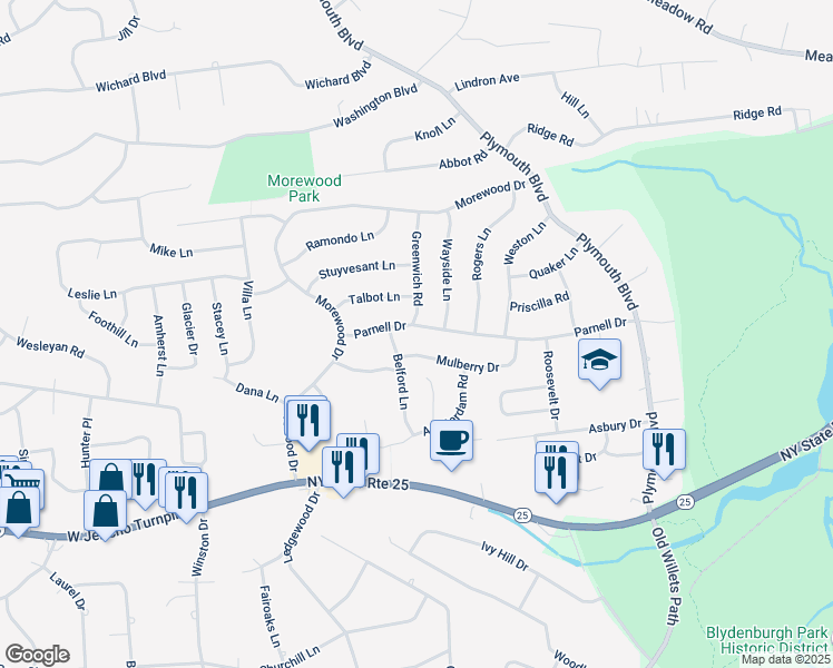 map of restaurants, bars, coffee shops, grocery stores, and more near 12 Parnell Drive in Smithtown