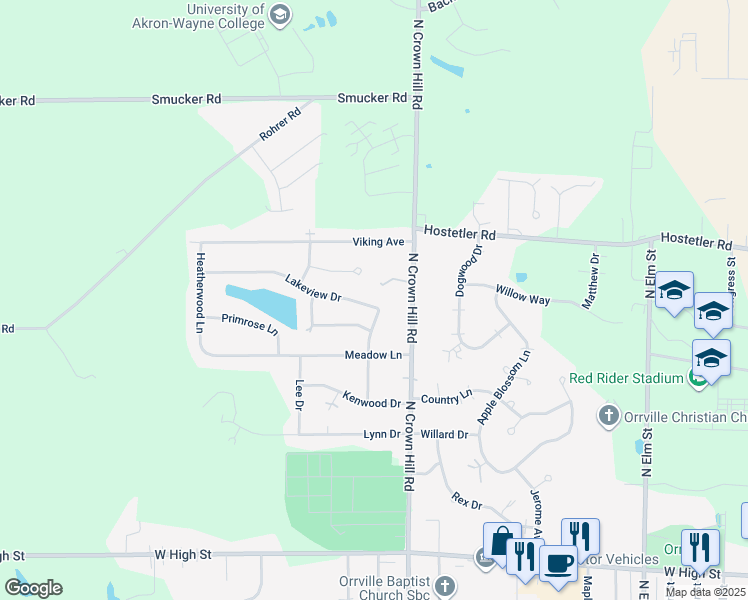 map of restaurants, bars, coffee shops, grocery stores, and more near 1811 Lakeview Dr in Orrville