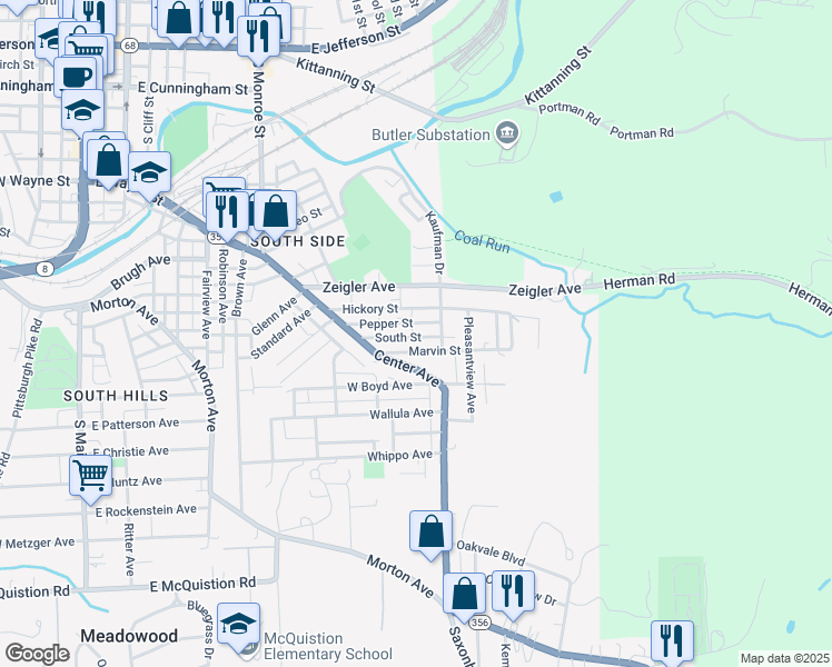 map of restaurants, bars, coffee shops, grocery stores, and more near 201 South Street in Butler
