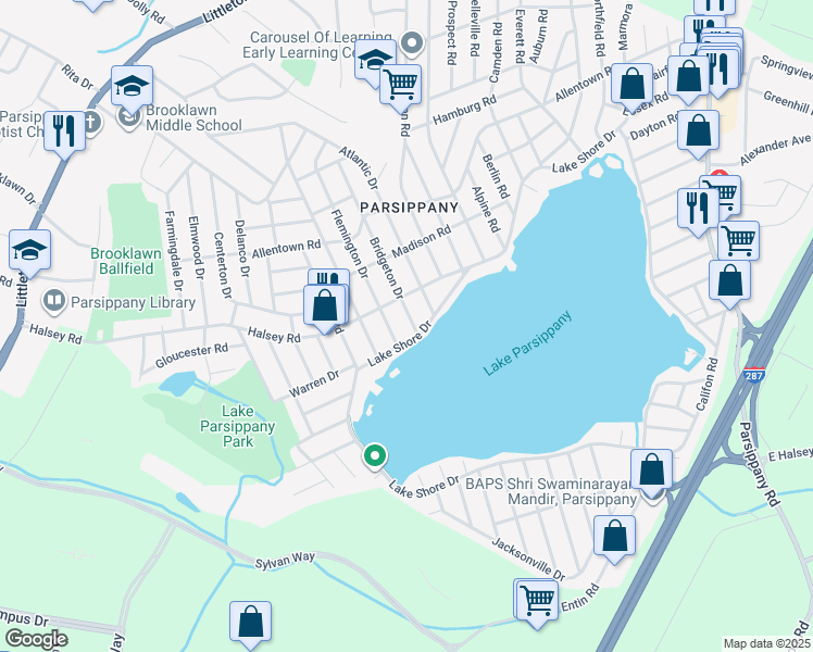map of restaurants, bars, coffee shops, grocery stores, and more near 11 Bridgeton Drive in Parsippany-Troy Hills