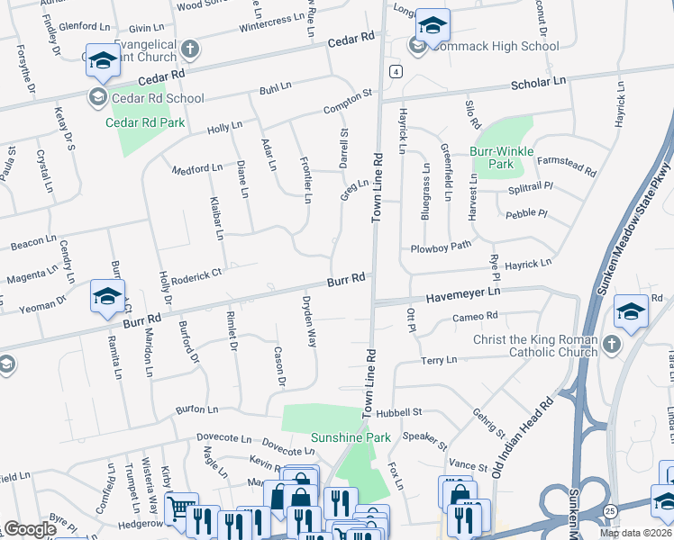 map of restaurants, bars, coffee shops, grocery stores, and more near 23 Greg Lane in East Northport