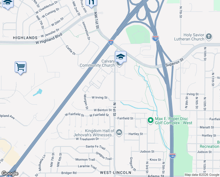 map of restaurants, bars, coffee shops, grocery stores, and more near 4101 North 1st Street in Lincoln