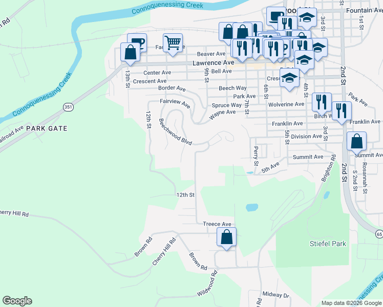 map of restaurants, bars, coffee shops, grocery stores, and more near 850 Constitution Avenue in Ellwood City