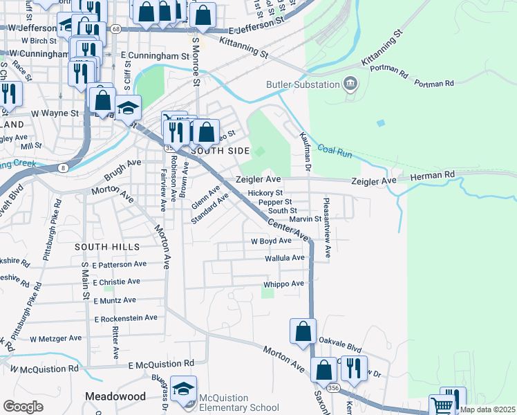 map of restaurants, bars, coffee shops, grocery stores, and more near 13 South Street in Butler