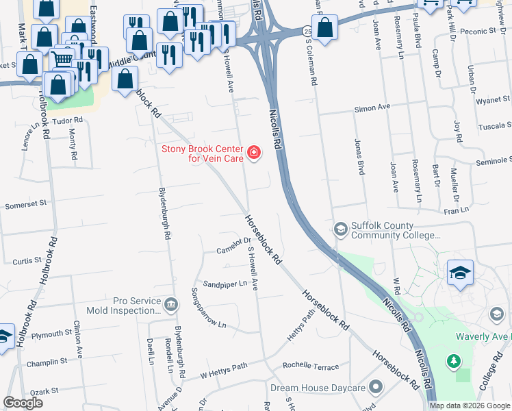 map of restaurants, bars, coffee shops, grocery stores, and more near 83 South Howell Avenue in Centereach