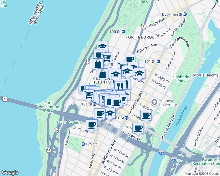 map of restaurants, bars, coffee shops, grocery stores, and more near 725 West 184th Street in New York