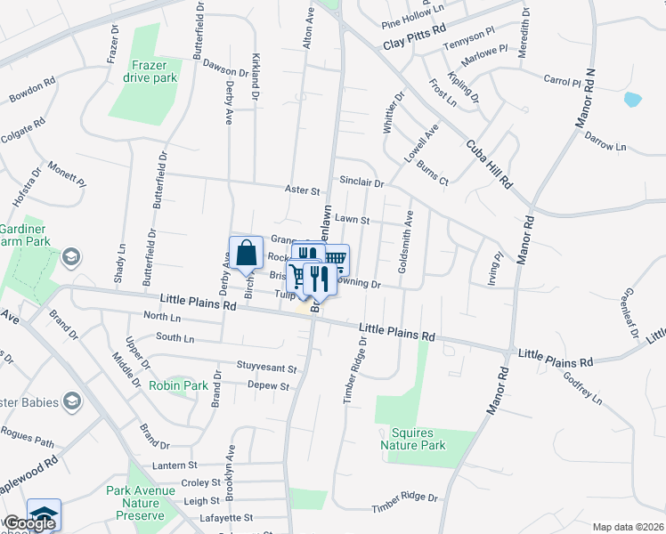 map of restaurants, bars, coffee shops, grocery stores, and more near 28 Roosevelt Avenue in Greenlawn