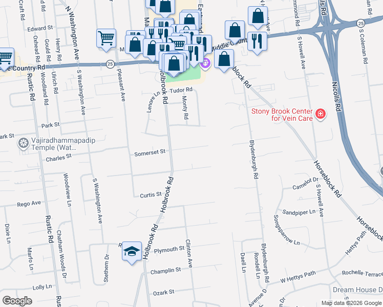 map of restaurants, bars, coffee shops, grocery stores, and more near 18 Somerset Street in Centereach