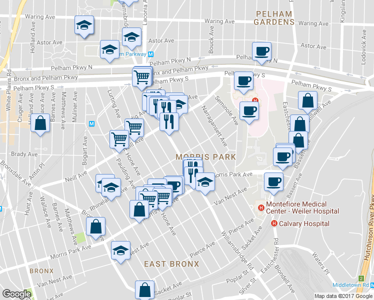 map of restaurants, bars, coffee shops, grocery stores, and more near 1901 Yates Avenue in Bronx