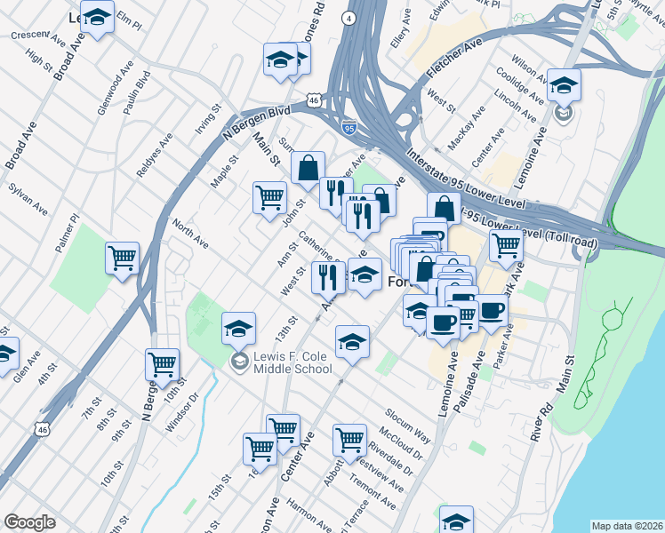 map of restaurants, bars, coffee shops, grocery stores, and more near in Fort Lee