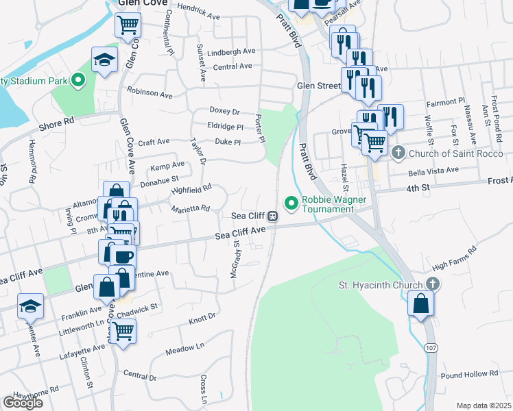 map of restaurants, bars, coffee shops, grocery stores, and more near 30 Glen Keith Road in Glen Cove