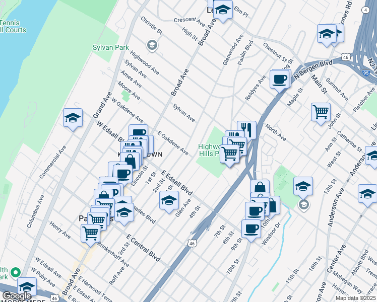 map of restaurants, bars, coffee shops, grocery stores, and more near 3 Glenwood Avenue in Palisades Park