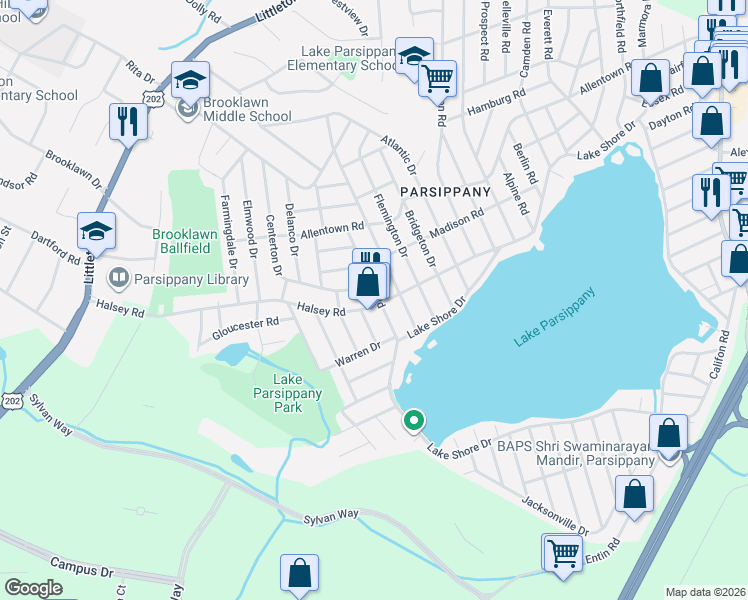 map of restaurants, bars, coffee shops, grocery stores, and more near 157 Halsey Road in Parsippany-Troy Hills