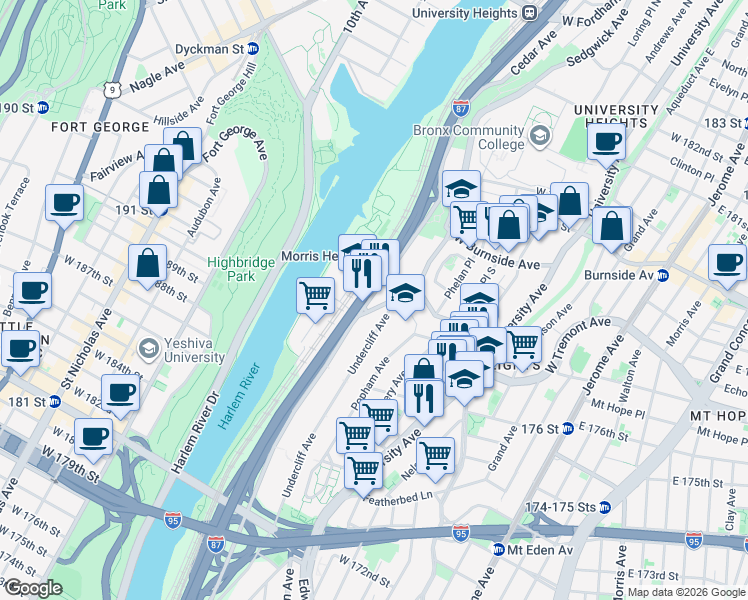 map of restaurants, bars, coffee shops, grocery stores, and more near 1808 Cedar Avenue in Bronx
